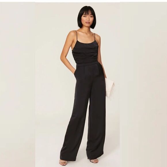 Ramy Brook Ezra Wide Leg Satin Pleated Jumpsuit Black 6 - Picture 1 of 8